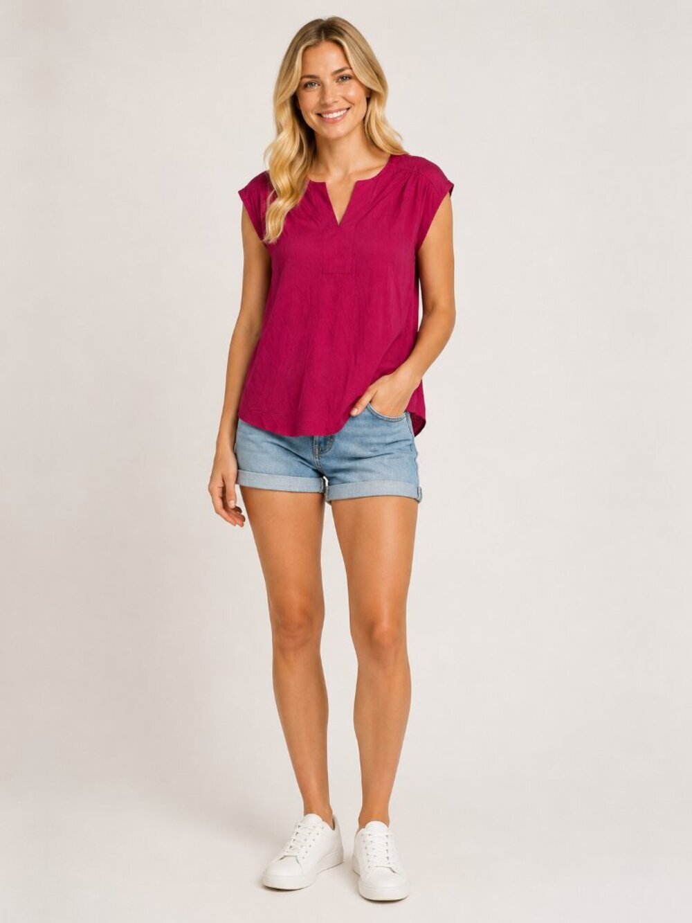 2/$30 Lands' End Ruched Sleeveless Notched Blouse Red Large #A2168